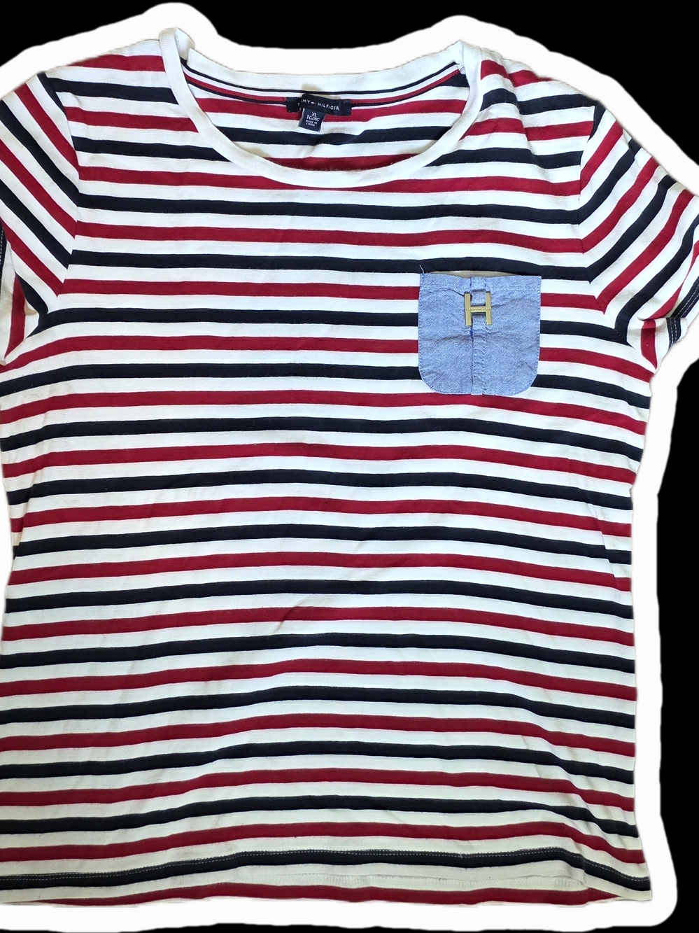 Tommy Hilfiger XL Red White Navy Striped Pocket Tee